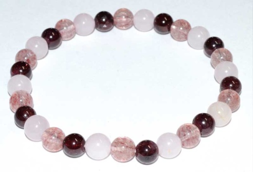 6Mm Rose Qtz, Strawberry Qtz & Garnet Bracelet