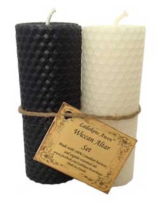 4 1/4" Wiccan Altar Set Black & White Lailokens Awen Candle