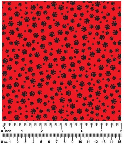 Black Pawprints Fabric, Red