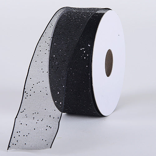 Organza Ribbon With Glitters Wired Edge Black With Black Glitters ( W: 5/8  Inch