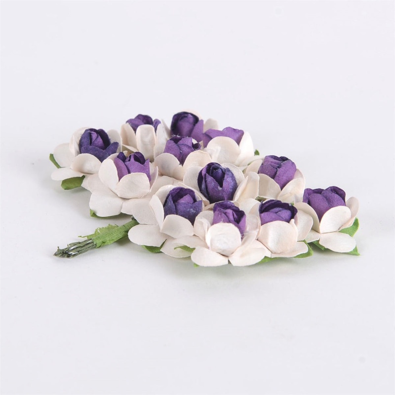 Paper Rose Flowers (12X12) Ivory W. Purple ( 12 Paper Flowers )