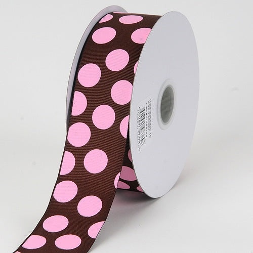 Grosgrain Ribbon Jumbo Dots Chocolate With Pink Dots ( W: 1 - 1/2 Inch | L: 25 Yards )