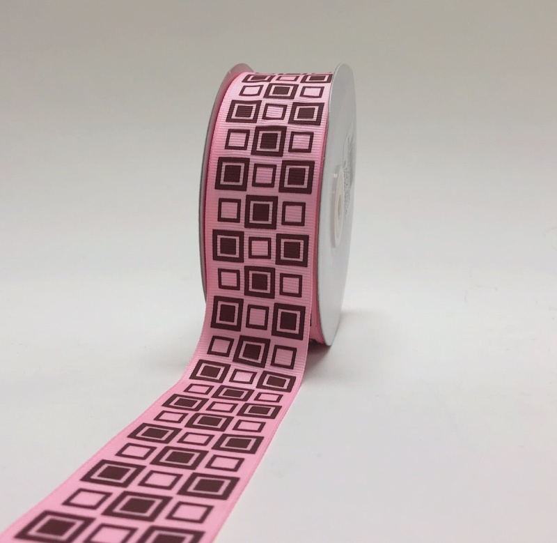 Light Pink With Brown - Square Design Grosgrain Ribbon ( 1 - 1/2 Inch | 25 Yards )