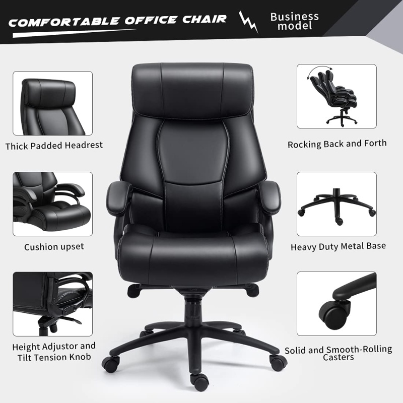 Office Chair Executive Modern Chair Big And Tall High Back Adjustable Computer Desk Chair, Pu Leather Swivel Task Chair With Comfy Thick Cushion, Padded Arms, Lumbar Support, Wheels