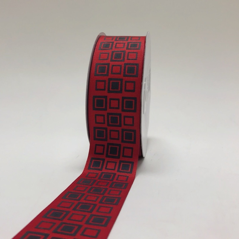 Red With Black - Square Design Grosgrain Ribbon ( 1 - 1/2 Inch | 25 Yards )