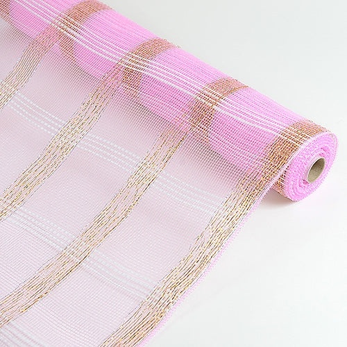 Pink - Deco Floral Mesh Check Metallic Stripe - ( 21 Inch X 10 Yards )