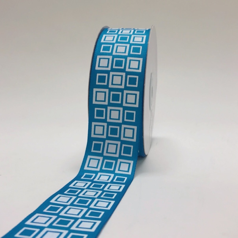 Turquoise - Square Design Grosgrain Ribbon ( 1 - 1/2 Inch | 25 Yards )