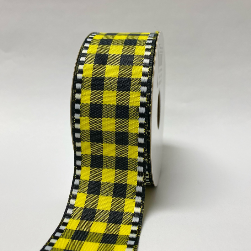 Yellow Black Chex Plaid Black White Edge Ribbon - 1-1/2 Inch X 10 Yards