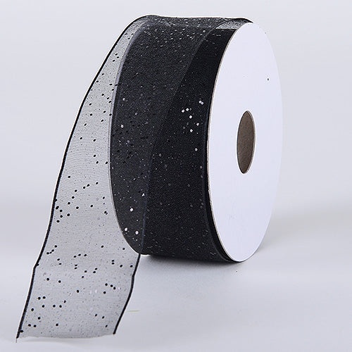 Organza Ribbon With Glitters Wired Edge Black With Black Glitters ( W: 5/8 Inch | L: 25 Yards )