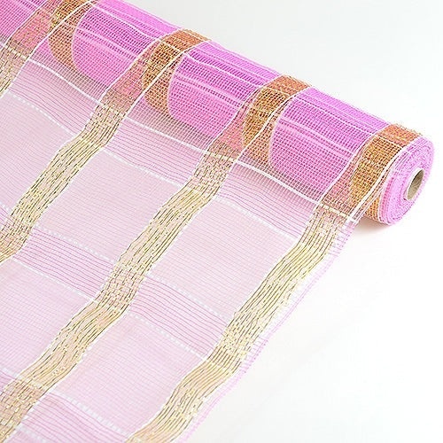 Pink With Gold - Poly Deco Xmas Check Mesh Metallic Stripe - ( 21 Inch X 10 Yards )