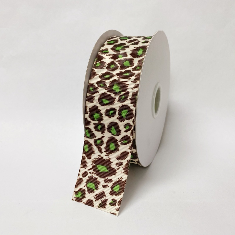 Grosgrain Ribbon Animal Print Fuzzy Leopard Green ( 1 - 1/2 Inch | 25 Yards )