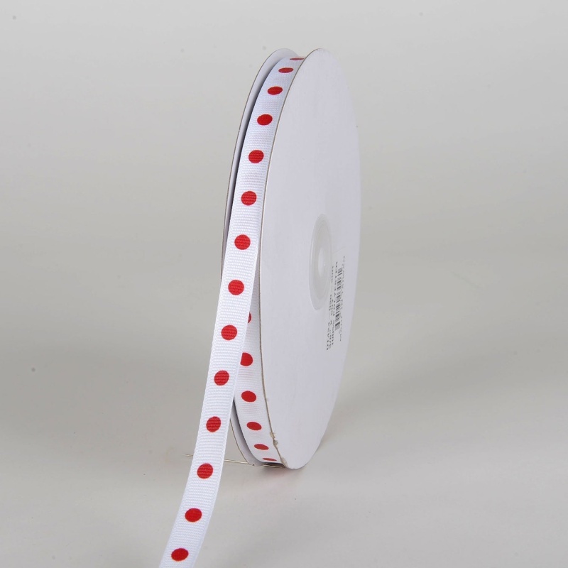 Grosgrain Ribbon Polka Dot White With Red Dots ( W: 3/8 Inch | L: 50 Yards )