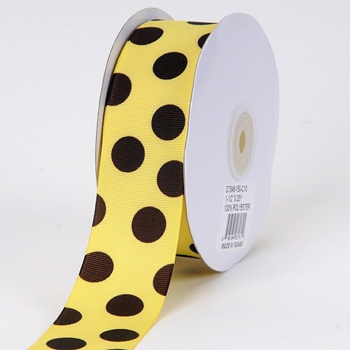 Grosgrain Ribbon Jumbo Dots Canary With Brown Dots ( W: 1 - 1/2 Inch | L: 25 Yards )