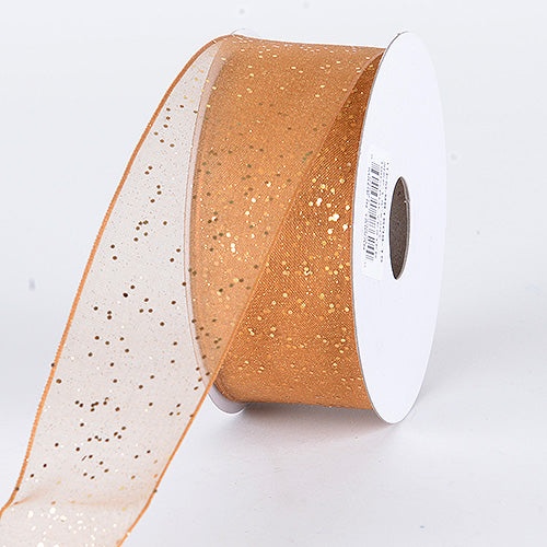 Old Gold - Organza Ribbon With Glitters Wired Edge - ( W: 1-1/2 Inch | L: 25 Yards )