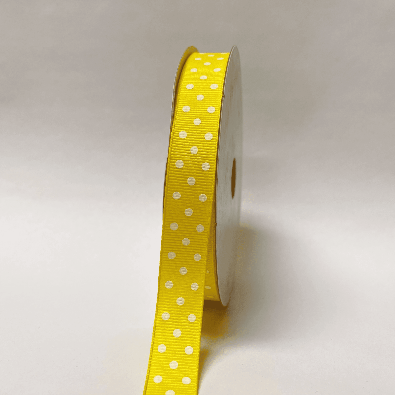 Grosgrain Ribbon Color Dots Yellow With White Dots ( 5/8 Inch | 25 Yards )