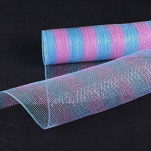 Pink With Light Blue - Poly Deco Mesh Wreath Material With Laser Mono Stripe - ( 21 Inch X 10 Yards )