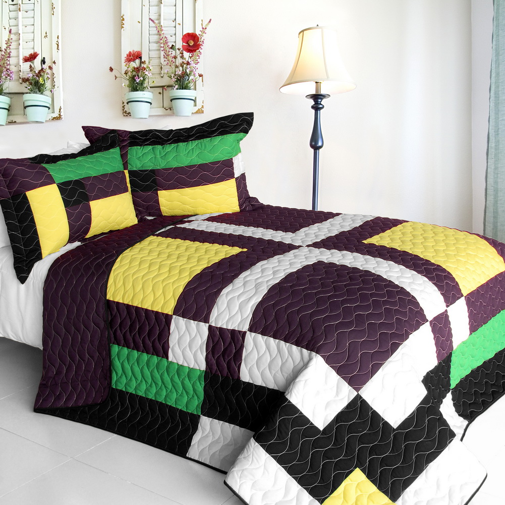 3Pc Vermicelli Quilted Patchwork Quilt Set Alocasia