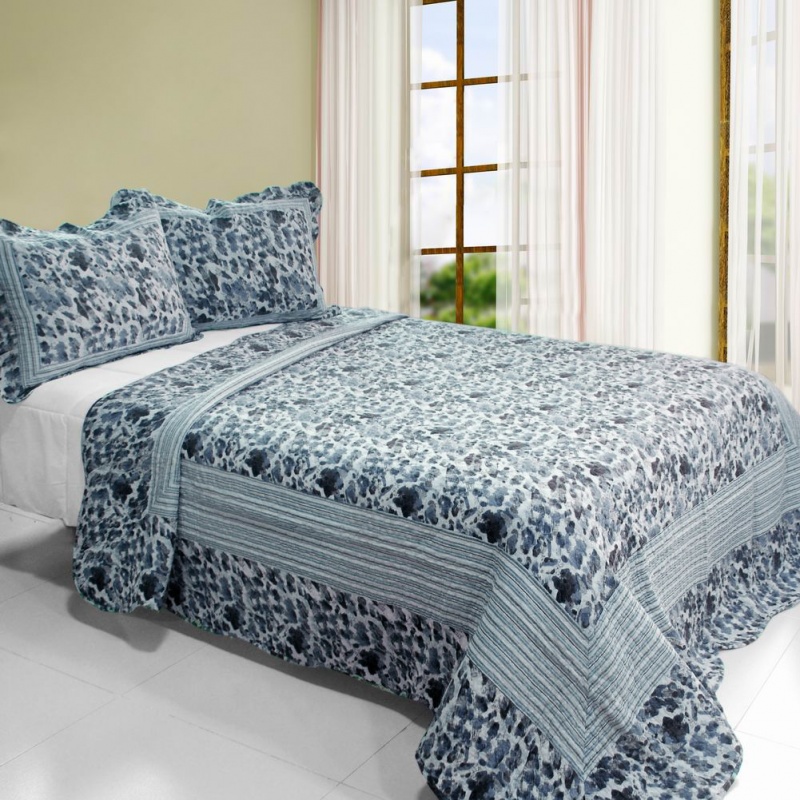 3Pc Cotton Vermicelli-Quilted Printed Quilt Set - Blue Impression