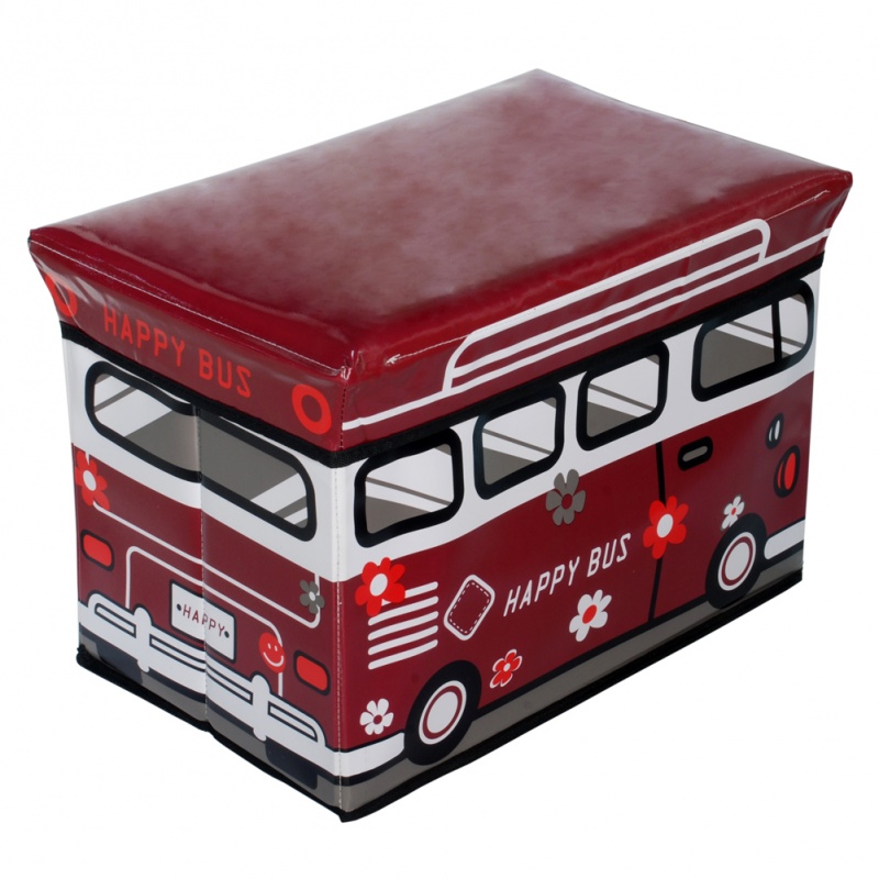Rectangle Foldable Faux Leather Storage Ottoman / Storage Boxes - Happy Bus - Red