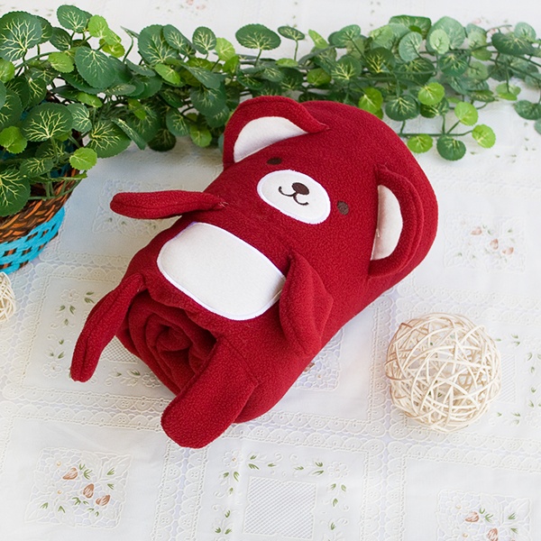 Embroidered Applique Coral Fleece Baby Throw Blanket - Happy Bear - Dark Red