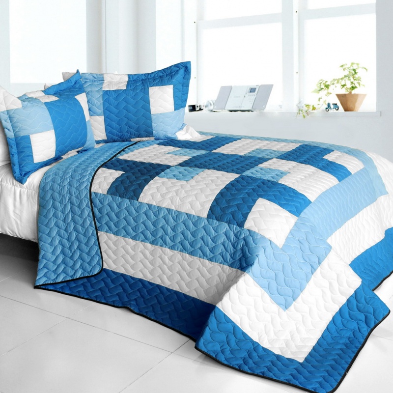 Brand New Vermicelli-Quilted Patchwork Quilt Set Full - Fans Of Sky