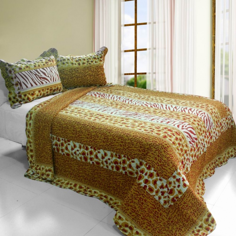 Cotton 3Pc Vermicelli-Quilted Printed Quilt Set - Golden Time