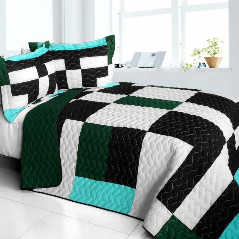 3Pc Vermicelli - Quilted Patchwork Quilt Set - Pearl Turquoise