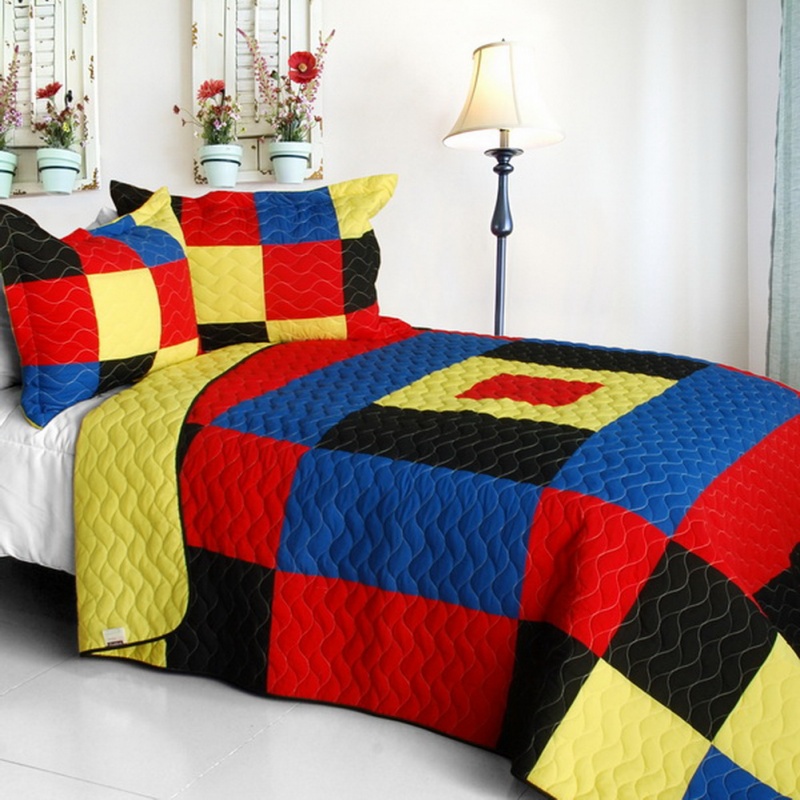3Pc Vermicelli-Quilted Patchwork Quilt Set - Lively Star