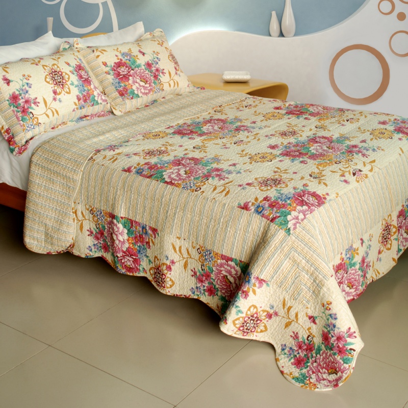 100% Cotton 3Pc Vermicelli-Quilted Patchwork Quilt Set - Girl Memories