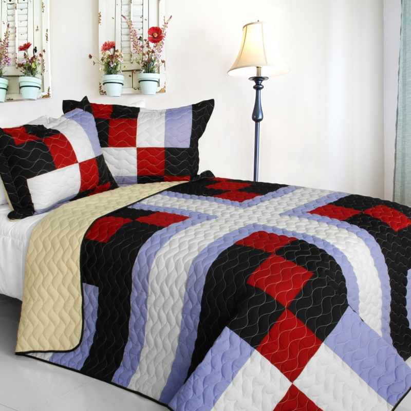 3Pc Vermicelli-Quilted Patchwork Quilt Set - Floral City