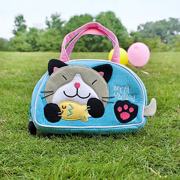 Embroidered Applique Kids Mini Handbag / Cosmetic Bag - Kitty Loves Fish