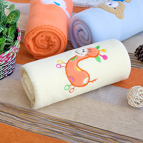 Embroidered Applique Coral Fleece Baby Throw Blanket - Orange Giraffe - Yellow