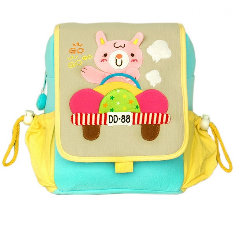 Embroidered Applique Kids Fabric Art School Backpack - Cute Bear