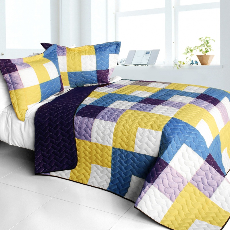 3Pc Vermicelli - Quilted Patchwork Quilt Set - Purple Feelings
