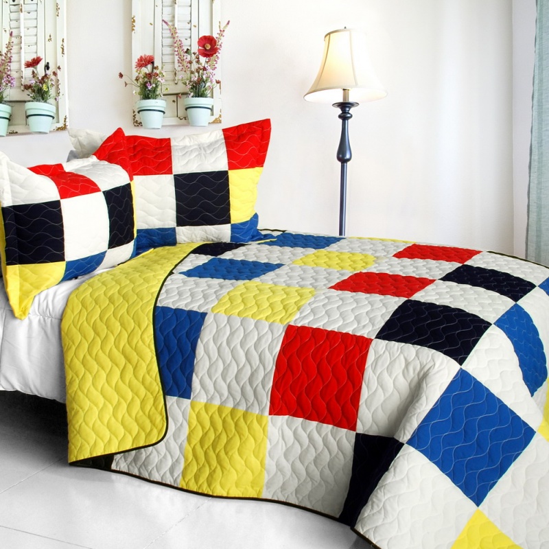 Vermicelli-Quilted Patchwork Plaid Quilt Set Full - Hodgepodge