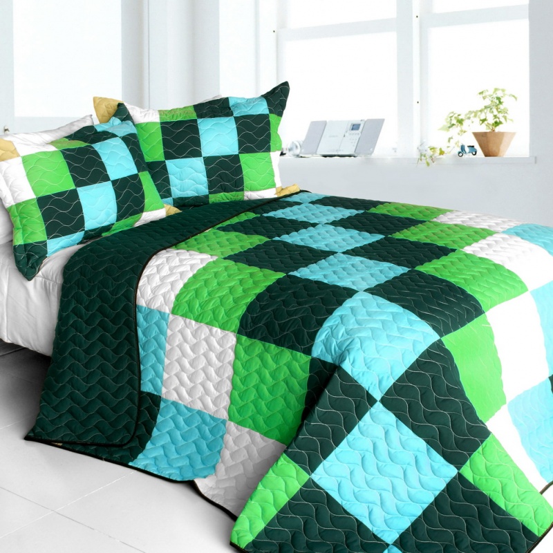 Vermicelli-Quilted Patchwork Geometric Quilt Set Full - Elissa Love