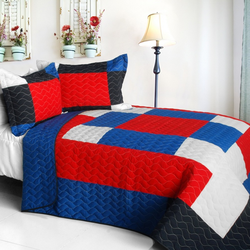 Vermicelli-Quilted Patchwork Geometric Quilt Set Full - Crazy Boxes - a