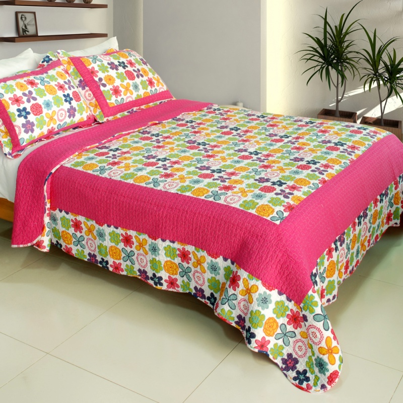 100% Cotton 3Pc Vermicelli-Quilted Patchwork Quilt Set - Simple Happiness