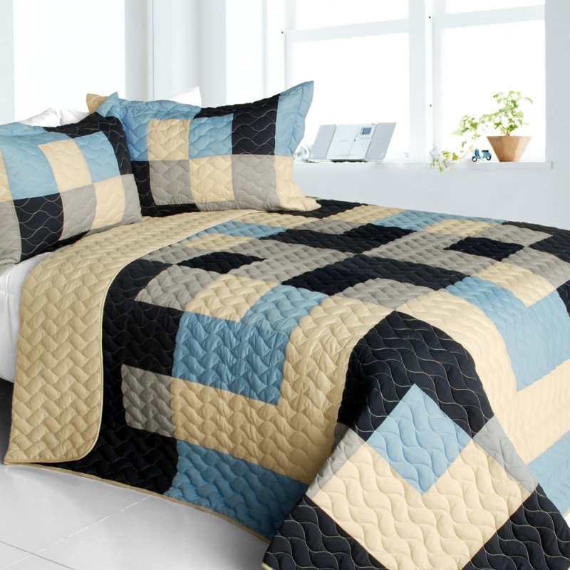 3Pc Vermicelli-Quilted Patchwork Quilt Set - Russian Coffee