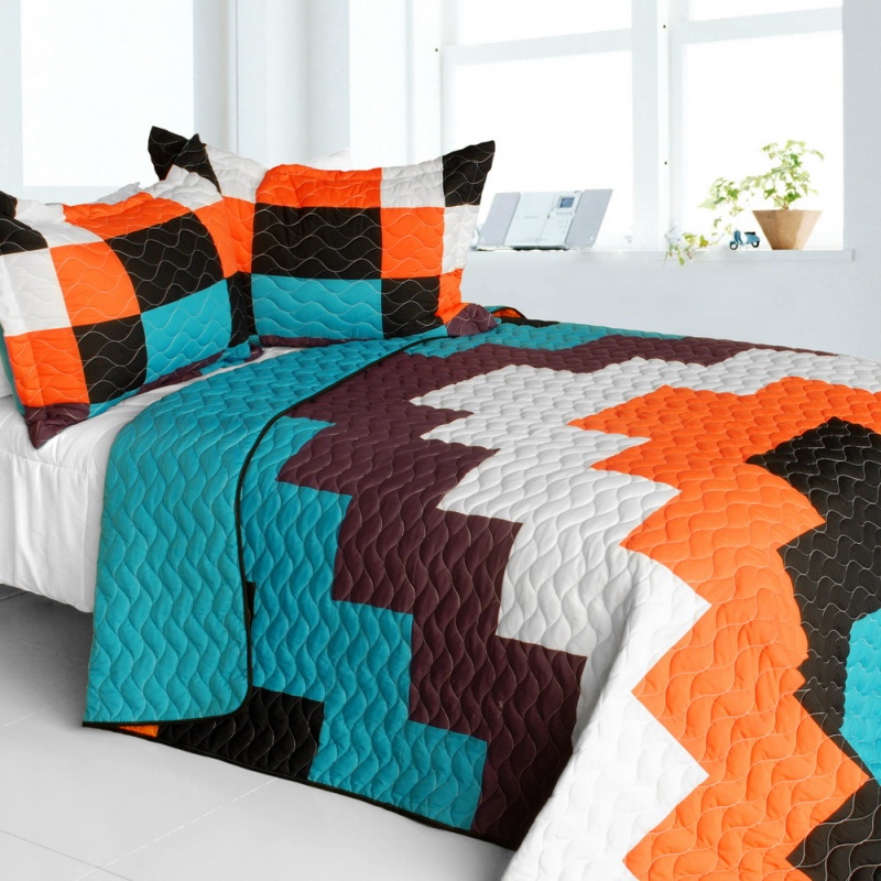 Vermicelli-Quilted Patchwork Geometric Quilt Set Full - Minor Cause