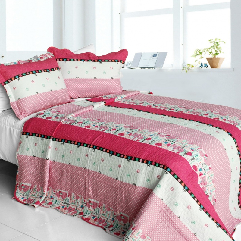 Cotton 3Pc Vermicelli-Quilted Striped Printed Quilt Set - Fearless