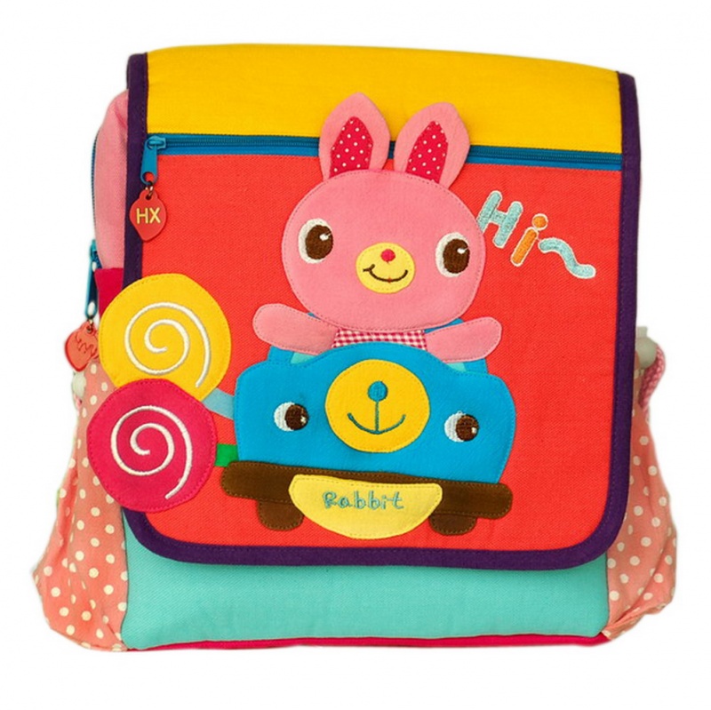 Embroidered Applique Kids Fabric Art School Backpack - Hi Rabbit