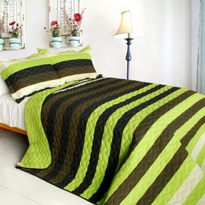 3Pc Vermicelli-Quilted Patchwork Quilt Set - Olive