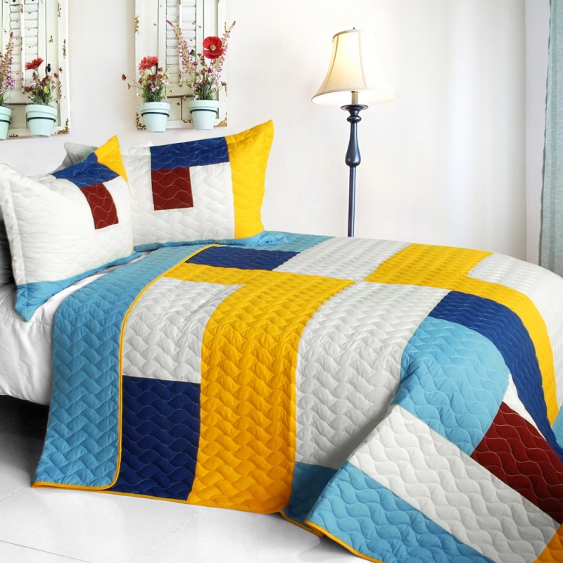 Vermicelli-Quilted Patchwork Geometric Quilt Set Full - Timeless - b