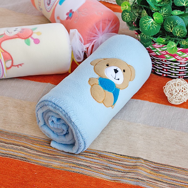 Embroidered Applique Coral Fleece Baby Throw Blanket - Brown Bear - Blue