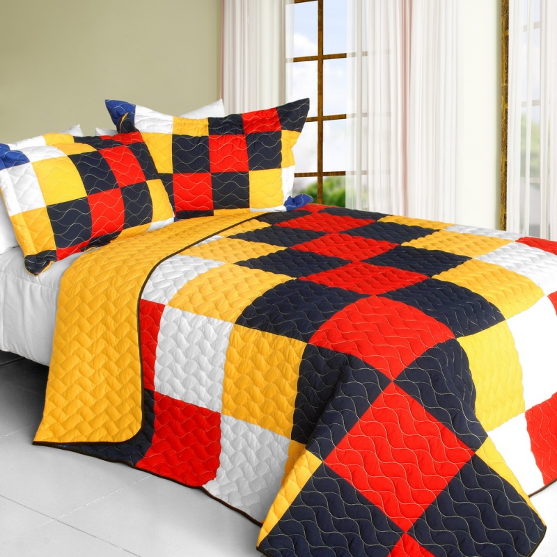 Vermicelli-Quilted Patchwork Geometric Quilt Set Full - That Galantis