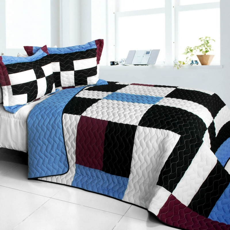 3Pc Vermicelli - Quilted Patchwork Quilt Set - Lazy Weekend Time