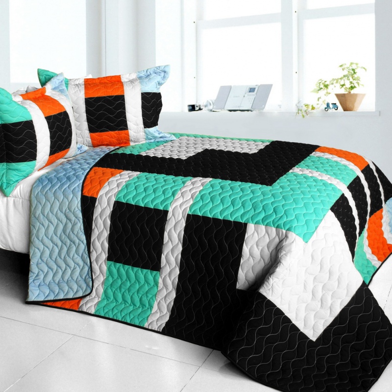 Brand New Vermicelli-Quilted Patchwork Quilt Set Full - Designer - 2