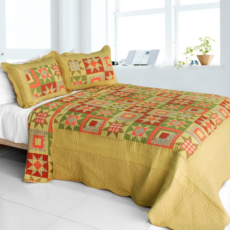 Cotton 3Pc Vermicelli-Quilted Patchwork Quilt Set - Twilight Time