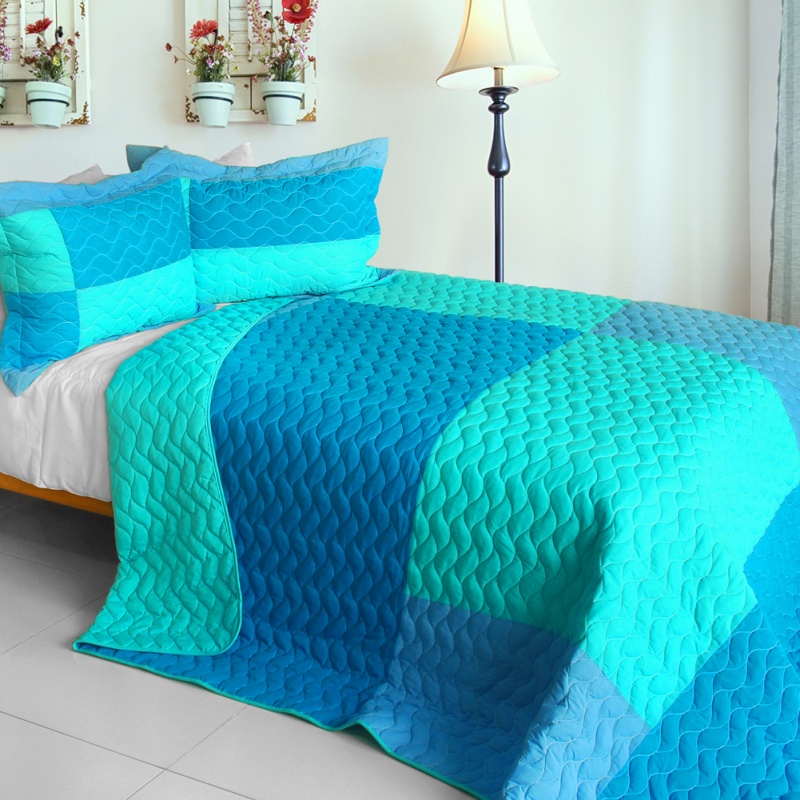 3Pc Vermicelli-Quilted Patchwork Quilt Set - Believe In Reflecting